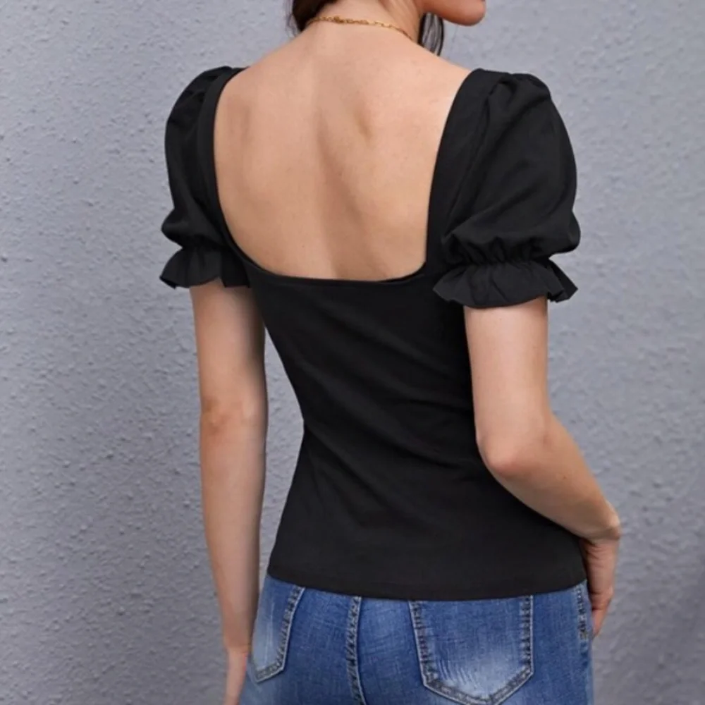 Boho Black  Sweetheart Puff Sleeve Ruffle Top - Picture 10 of 11